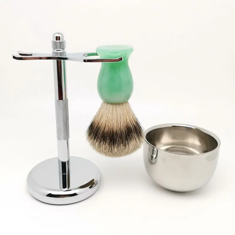 TEYO Silvertip Badger Hair Shaving Brush  Shaving Stand and Cup Set Perfect for Shave Soap Double Edge Razor