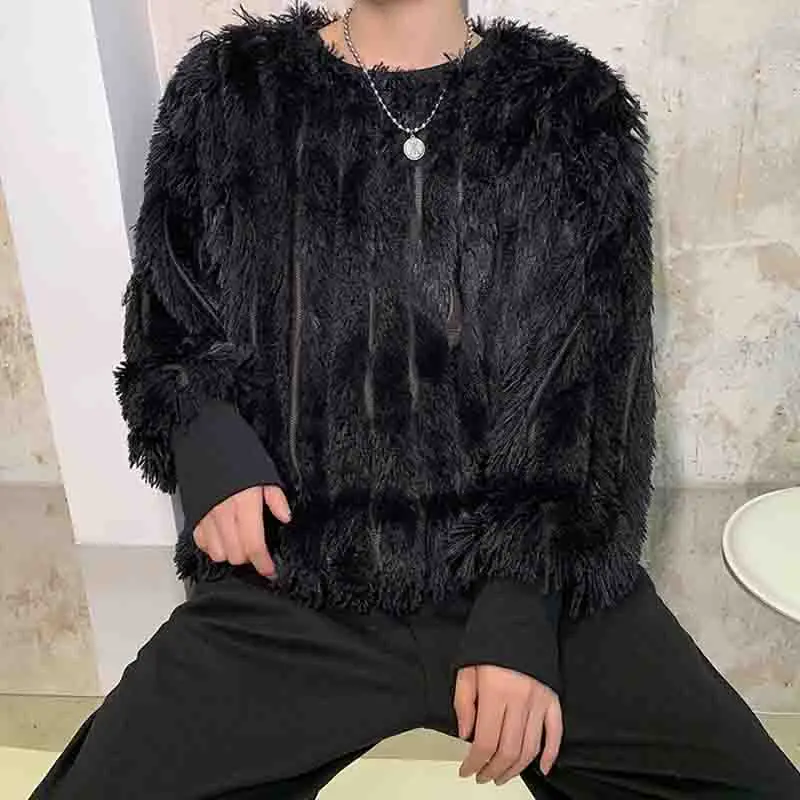 

Dark and black personality tassel wool loose Pullover Sweater men's Korean fashion long hair velvet versatile bottom coat autumn