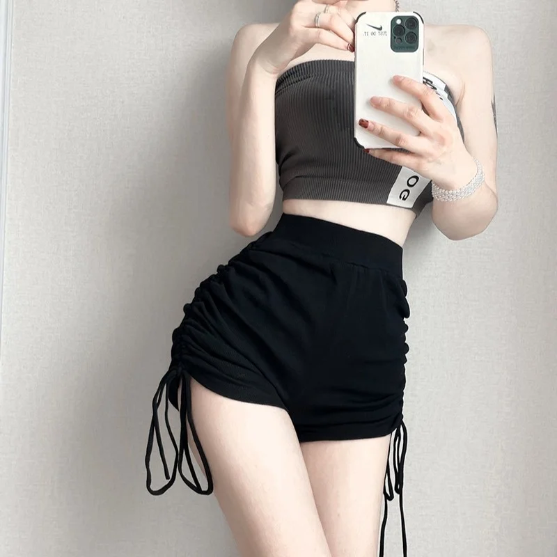 

High waist korean casual black straight short shorts Drawstring skinny Shirring women's summer hot sexy korean women S49P