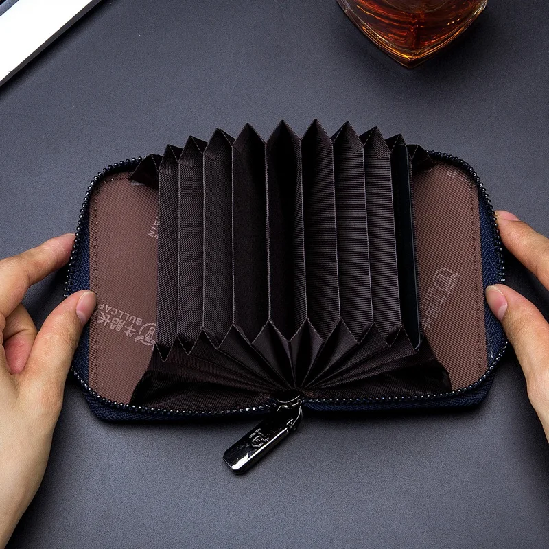 

BULLCAPTAIN Leather Men Wallet Card Pack Zipper Card Case Holder Credit Card Bag Short Coin Purse