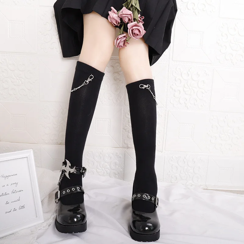 

Women Socks Fashion Black Metal Pendant Japanese College Style Calf Cotton Socks Sexy Sports Street Harajuku JK Female Socks