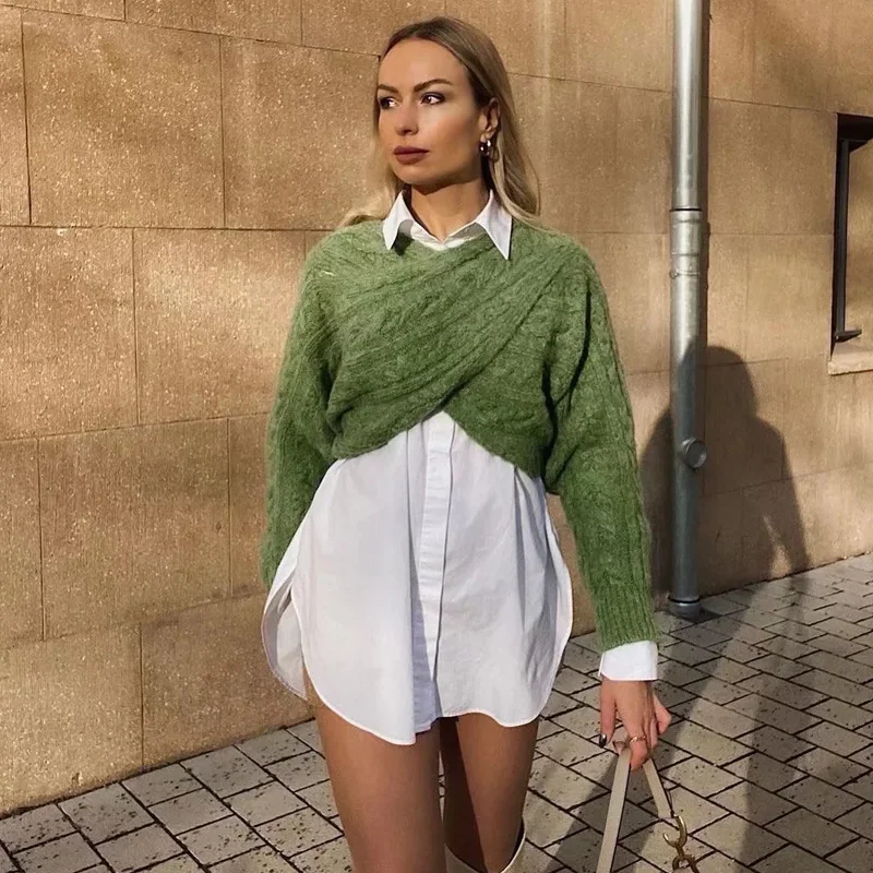 

TRAF Green Cropped Sweater 2022 Fashion Spring Vintage Sweater Women Pulovers Long Sleeve Top Female Sweaters Chic Tops