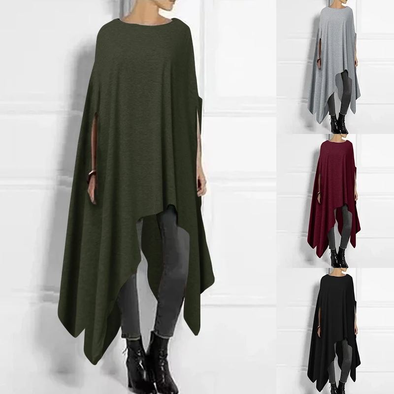 Пончо ZANZEA женское с круглым вырезом Модный ассиметричный пуловер однотонная