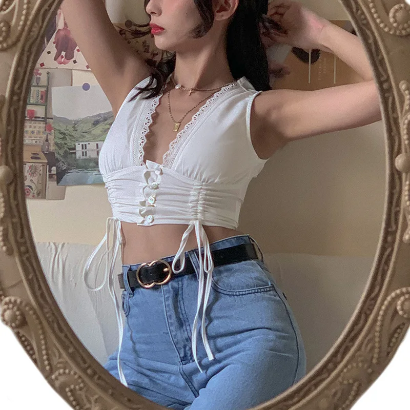 

Summer Lace Splicing Single-breasted Camisole Women Clothing Elegant Solid Street Sleeveless V-neck Casual Crop Top