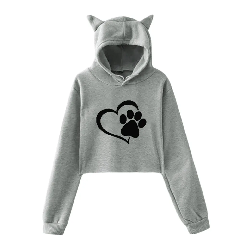 Милые свитшоты с кошачьими ушками женские короткие толстовки sudadera осенние женские пушистые шляпы с капюшоном пуловер Черный Белый kpop
