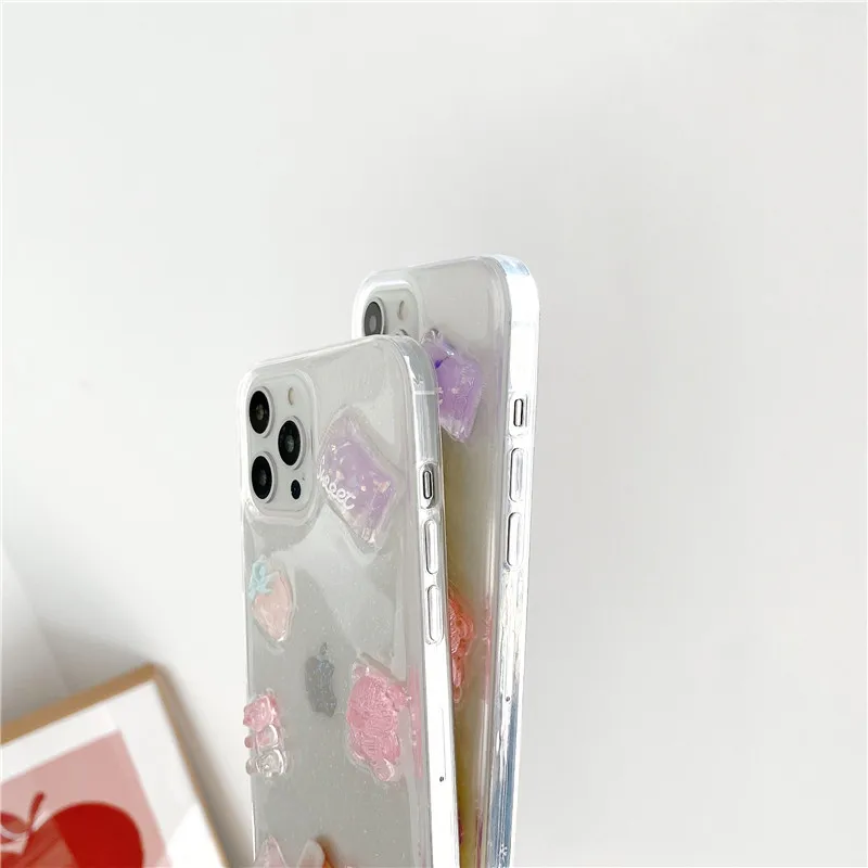 

3D Glitter Bear Clear Phone Case For iPhone 12 11 Pro Xs Max XR X 7 8 Plus SE Candy Color Cute Bears Soft Cover 12Mini Fundas