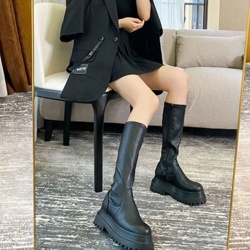 

Women Leather boots Winter High Platform Heels Elasticity Motorcycles Black Boots Goth shoes Womens Boots Knee High riding boots