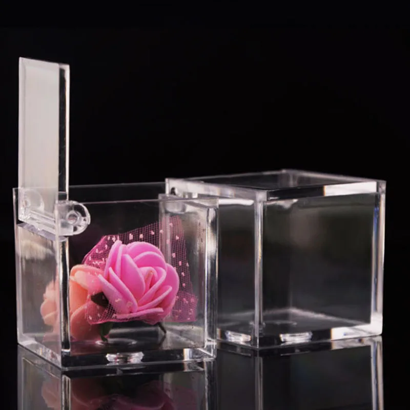 

12PCS 4.5*4.5CM Creative Wedding Anniversary Party Transparent Plastic Candy Gift Box Square Flip Cookies Snack Storage