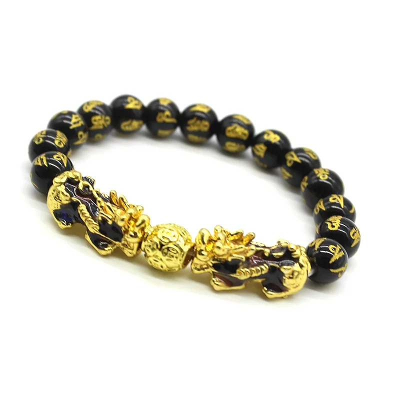 Натуральный камень черный обсидиан Pixiu браслет с тигровым глазом двойной Лаки