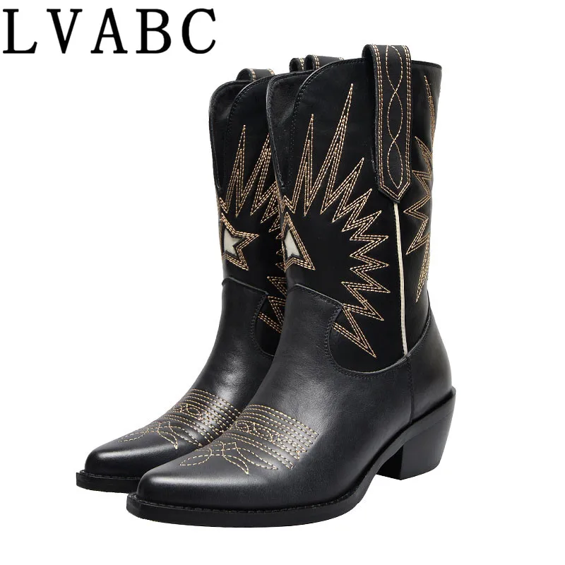 Женские сапоги с вышивкой на среднем каблуке в стиле ретро Рыцарские из