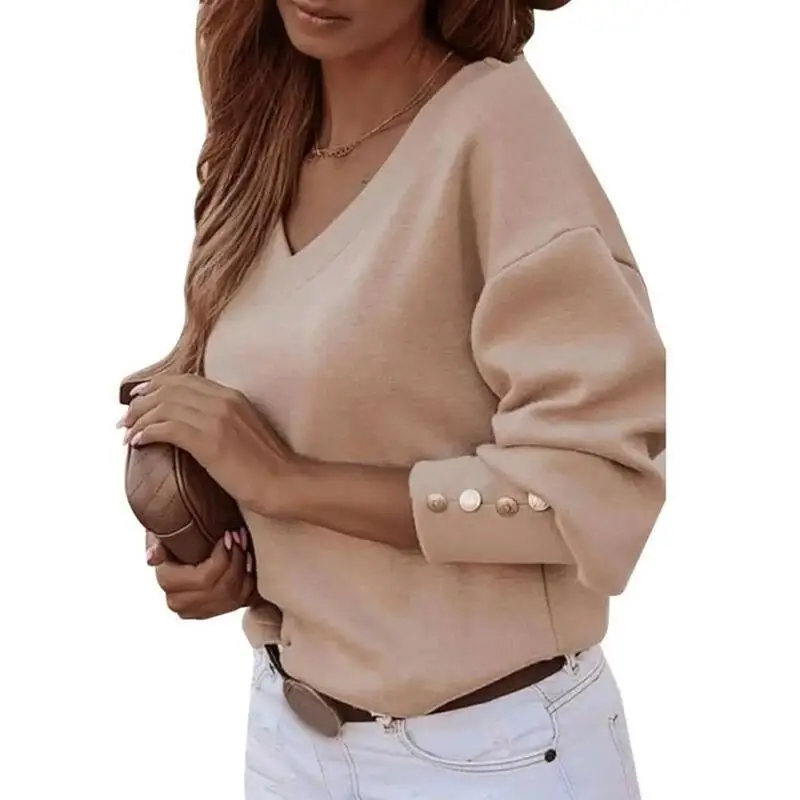 

Tops for Women Blouses Plain V-Neck T-Shirt Casual Button Long Sleeve Shirt Pullover Blouse Ladies Top Autumn Fashion