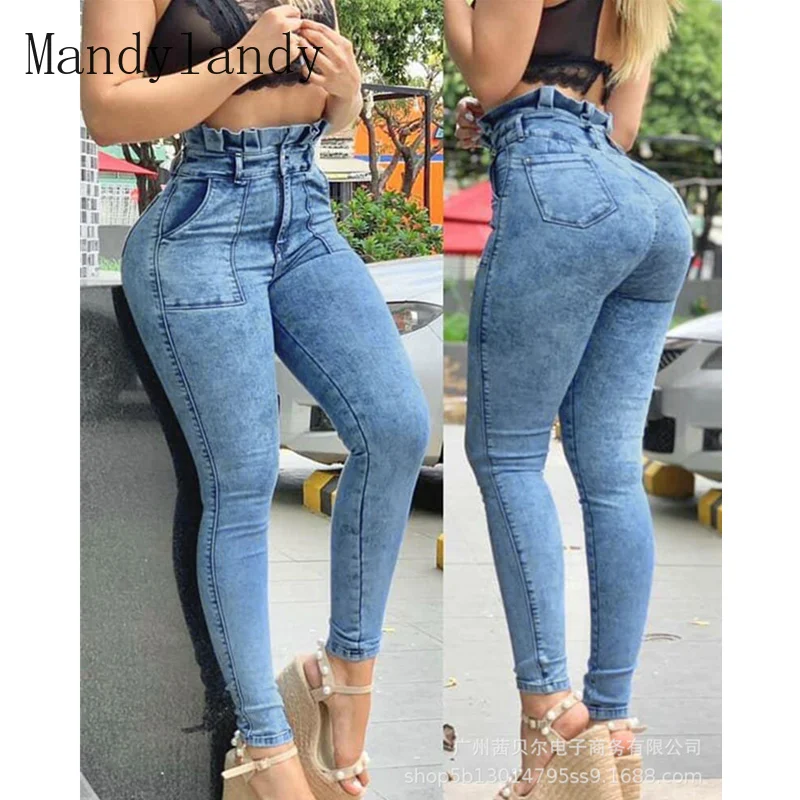 

Mandylandy High Waist Jeans For Women Stretch Denim Pants Ruffle Skinny Push Up Slim Fit Bodycon Pencil Trousers