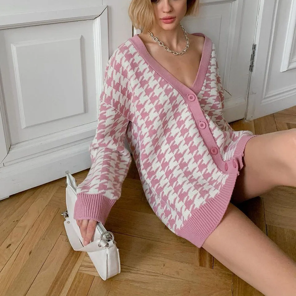 

90s Girls Long Sleeve Knitwear Women Fashion Houndstooth V-neck Loose Single-breasted Knitted Coat Casual Cardigans Outwear