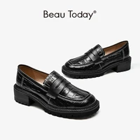 beautoday penny loafers women cow leather platform shoes stone pattern round toe double sewing ladies flats handmade 27729