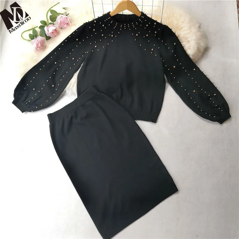 Женский свитер MAXDIROO комплект из двух предметов пуловер с жемчугом украшенный