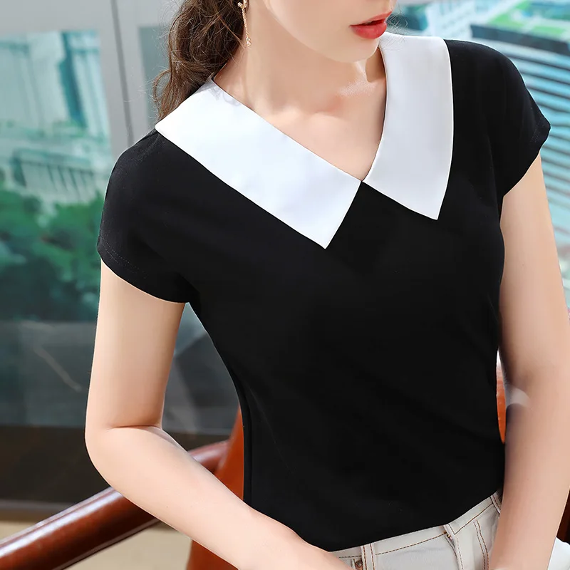

Color contrast short sleeve t-shirt female 2021 summer new women's wear splicing Lapel cotton T-shirt sweet age reducing Fashion