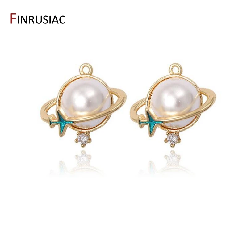 

2020 New Fashion 14k Gold Plated Copper Metal Inlaid Pearl Enamel Planet Pendant For DIY Jewelry Earrings Findings Accessories