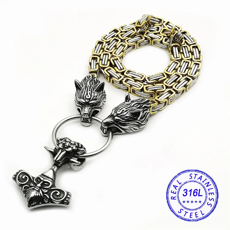 

Men stainless steel Wolf head norse viking amulet thor hammer pendant necklace viking king chain