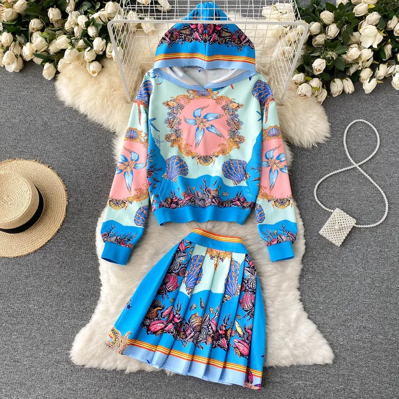 

Spring New Women Print Tracksuit Hoodies 2 Piece Sets Chic Pullover Loose Casual Sweatshirts &High Waist Pleated Skirt Suit Sets