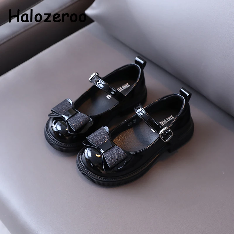

New Autumn Kids Bow Princess Shoes Baby Girls Brand Dress Shoes Children Patent Leather Shoes Black Bling Flats Soft Mary Jane