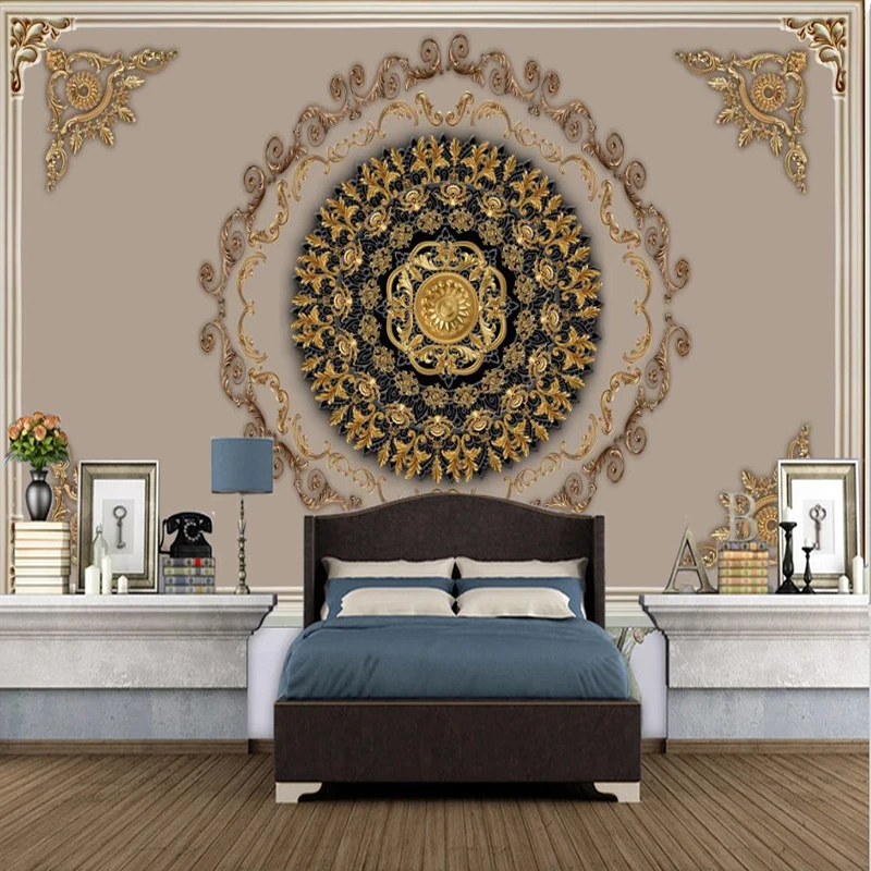 

Modern European Embossed Golden Pattern Photo Wall Mural Wallpapers Roll 3D Living Room Bedroom Background Wall Covering Fresco