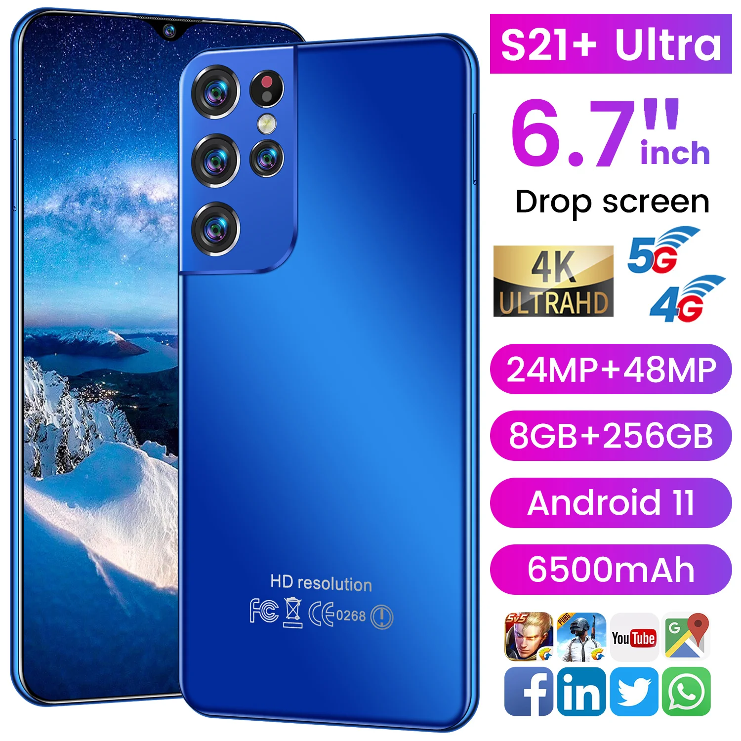 

New Arrival S21+Ultra 6.7 Inch 11 Core 5G Network Cell Phone 6GB 128/256GB 24MP+48MP Andriod 11 Smart Phone MTK6889 Blue
