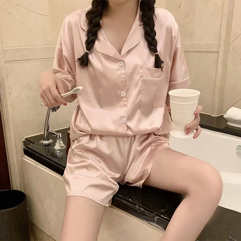 QWEEK Silk Pajamas for Women Girls Summer 2021 Pyjamas Ensembles Femme Pink Soft Pijamas Sweet Sleepwear Short Sleeve Homewear