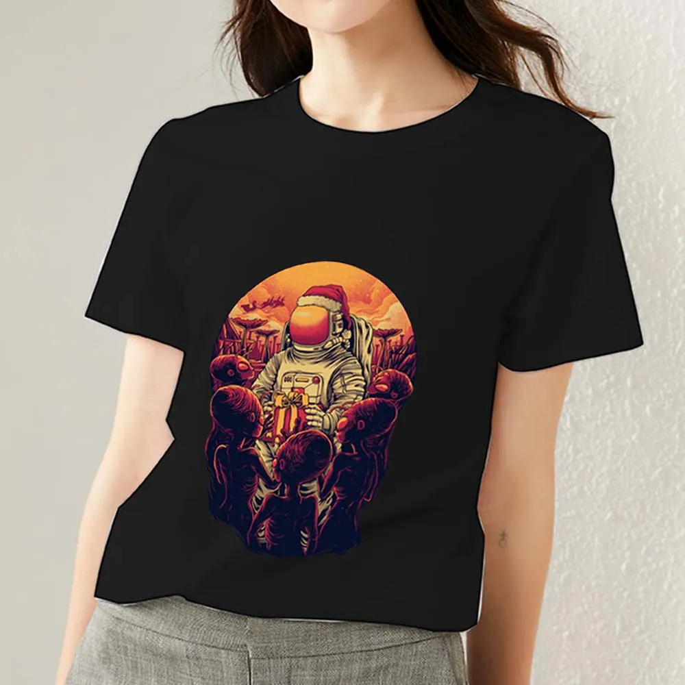 

Casual Women's All-match T-shirt Basic Tops Cartoon Alien Astronaut Print Series O-neck Comfortable Ladies Slim Short Sleeves
