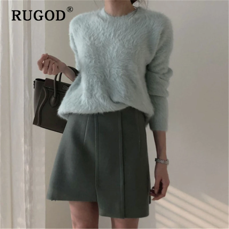 RUGOD кашемировый вязаный женский свитер элегантный круглый вырез длинный рукав