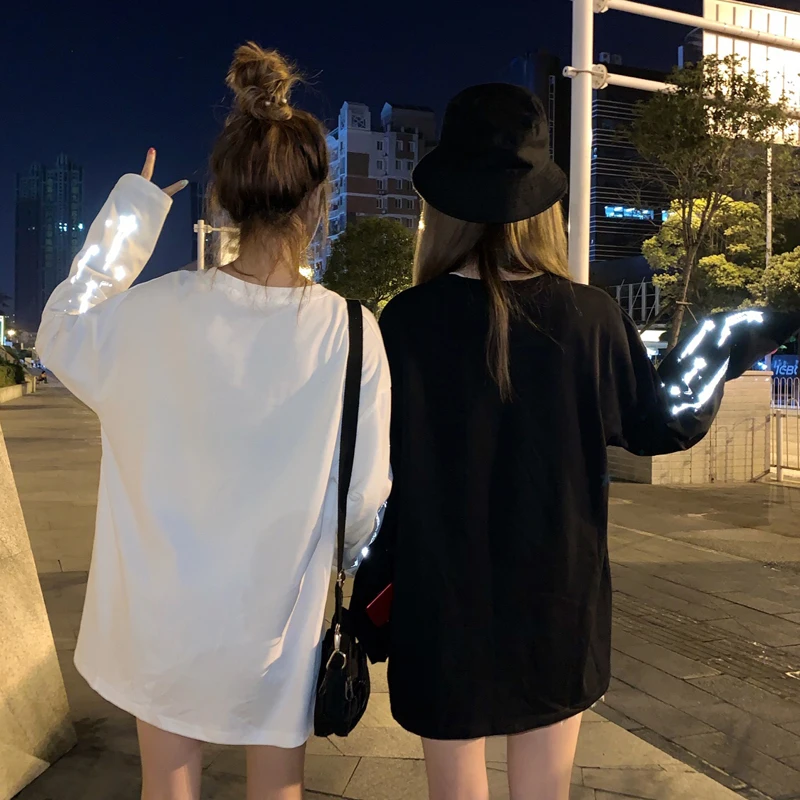 Harajuku светоотражающий принт с длинным рукавом корейская мода Женская одежда roupas