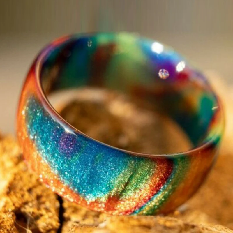 

Rainbow Diamond Infused Resin Ring Diamondcast Band Sparkly Smooth-Finished Gift for Men Women ALS88