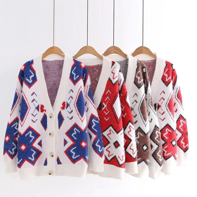 kawaii cute geometric pattern v-neck single breasted mohair sweet Cardigan sweater |