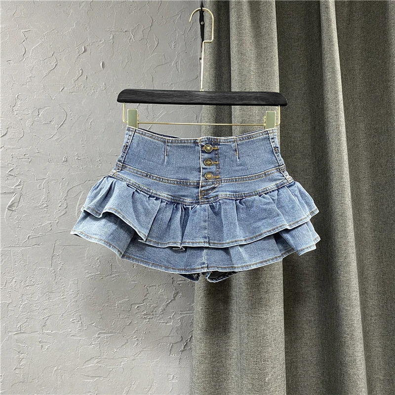 

Korean Style High Waist Ruffles Cake Dress 2021 Early Spring New A- Line Bubble Denim Skirt Woman Skirts Mini Skirt
