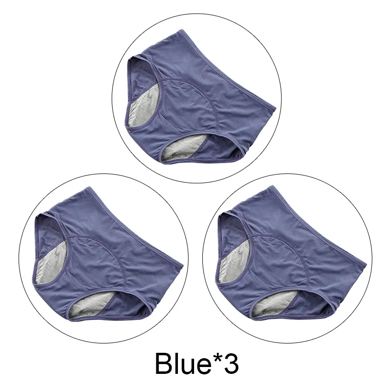 Blue-3 3 шт./лот 5XL плюс Размер менструальные трусики женское нижнее белье хлопок период герметичные трусы период физиологические трусики нижнее белье - Цвет: Blue-3