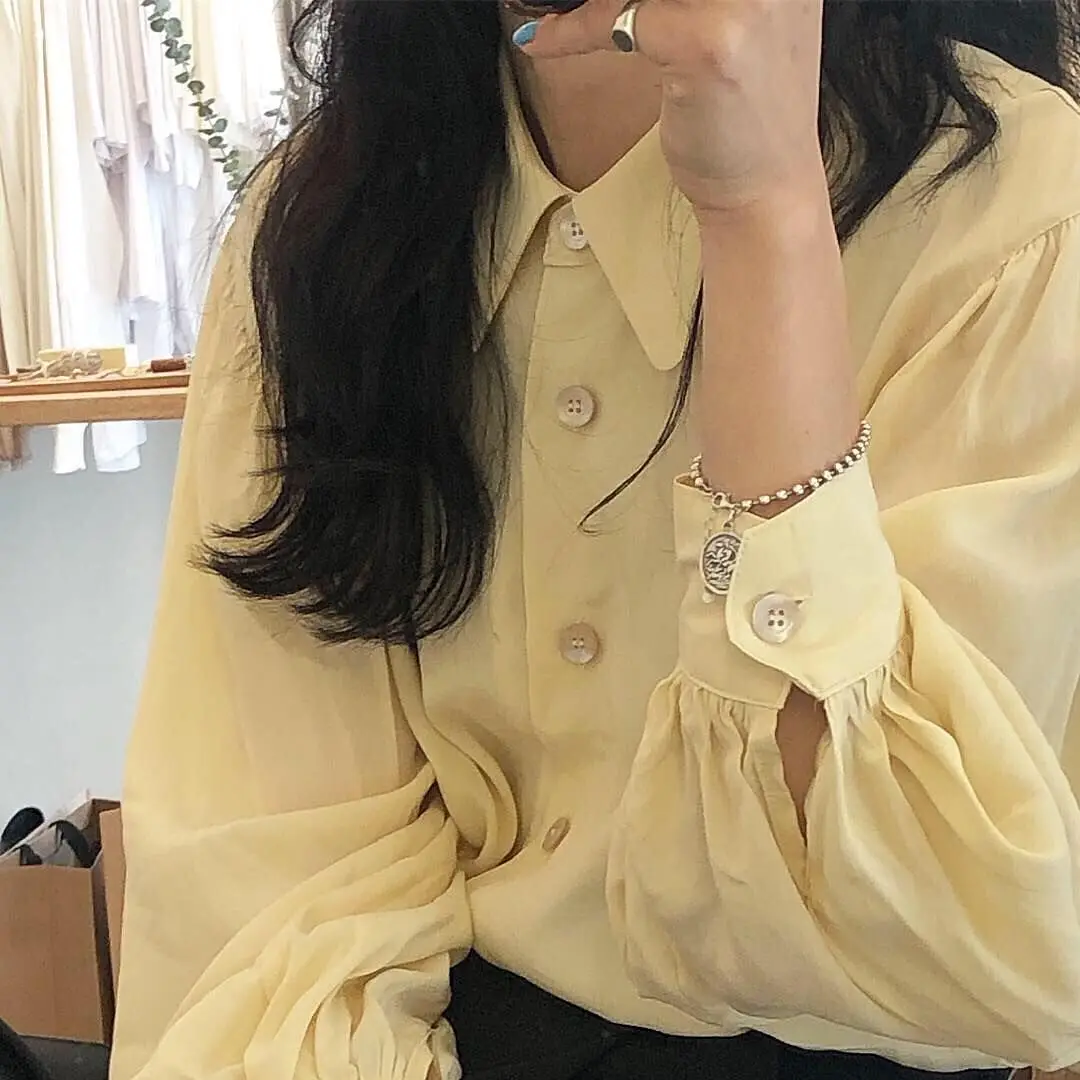 

Korean Style Spring Puff Sleeve Loose Light Yellow Blouse Women Casual Office Button Up Women's Blouses 2021 Spring