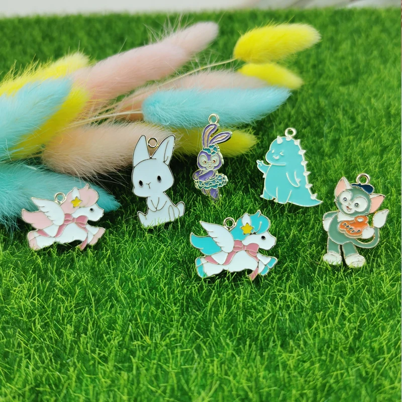 10pcs cute animals enamel charms rabbit dinosaur flying unicorn earring pendants bracelet finding jewelry making phone diy free global shipping