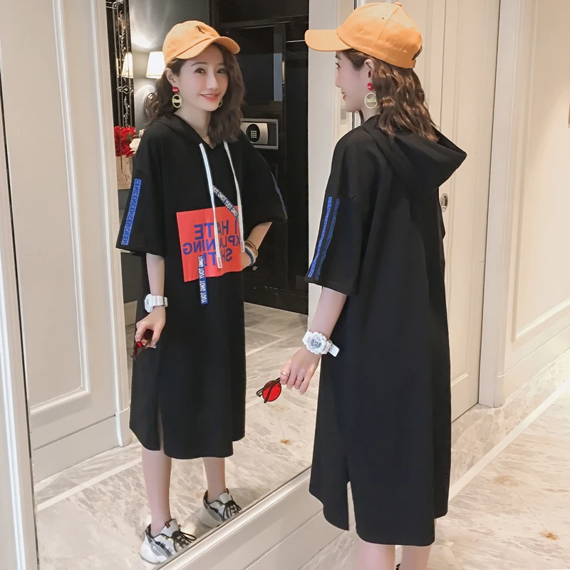 

#0715 Summer Casual Long Hooded T-shirt Dress Mid Cotton Loose Letters Print T Shirt Dresses Women Short Sleeves White/Black/Red