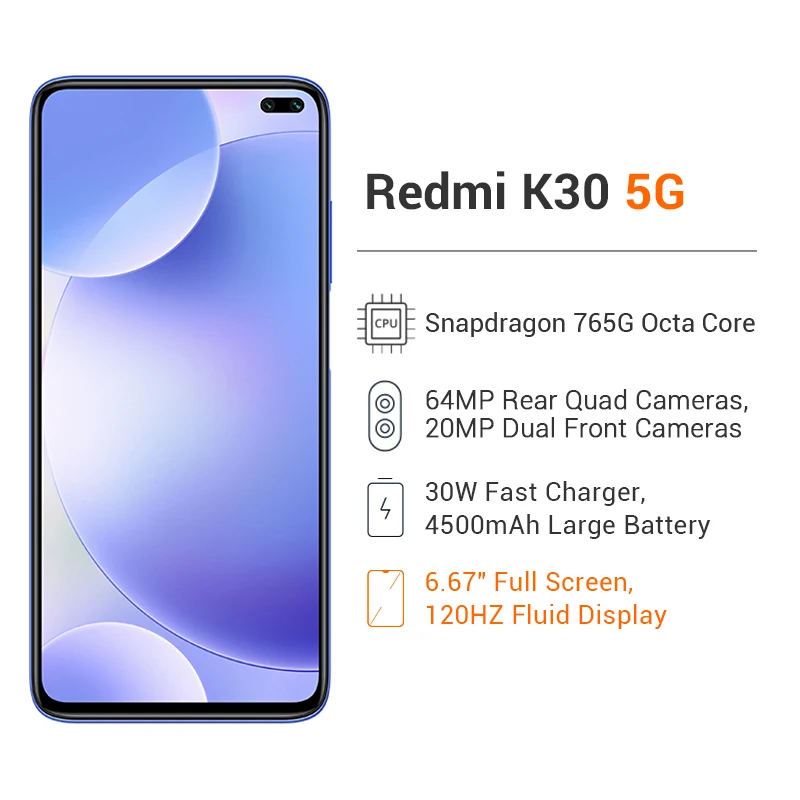 Xiaomi Redmi K30, 5G, 8 ГБ ОЗУ, 256 Гб ПЗУ, Смартфон Snapdragon 765G, четыре ядра, 6,67 дюйма, 120 Гц, жидкий экран, 64 мп, четыре камеры, 4500 мАч