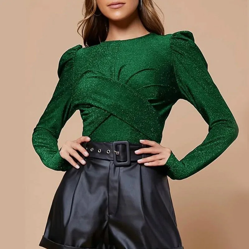 

Модные Шелковые блестящие блузки крест-накрест, новинка, Осенний женский однотонный пуловер с длинным рукавом, весенние женские топы с буфф...