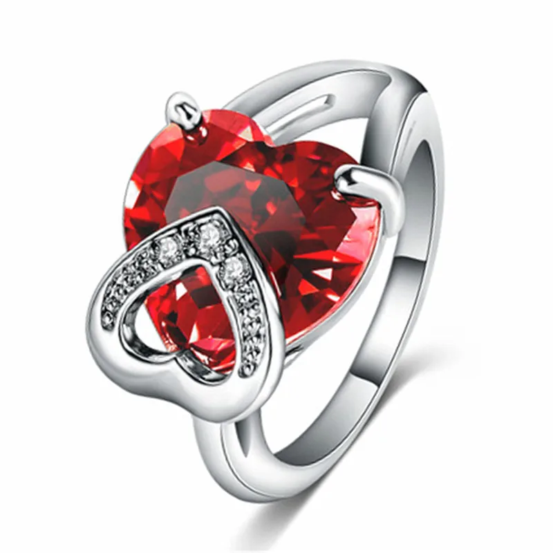 

Luxury Crystal Red Heart Stone Rings Girl Promise Accessories Trendy Silver Plated Ring For Women Jewelry Bright Rings