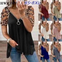 summer womens clothing casual leopard off shoulder short sleeved tops v neck zipper t shirt ladies tee loose plus size shirts