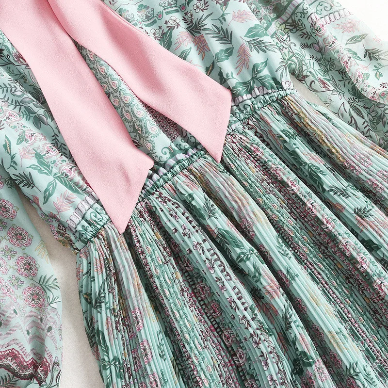 

2020 New Spring Designer Runway Dress Women Fashion Bow Neck Print Mid Calf Pleated Prairie Chic Chiffon Dress Casual Vestidos