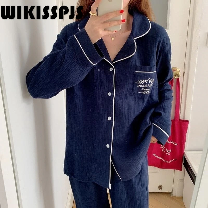 

WIKISSPJS, 2022 г., кардиган из чистого хлопка с вышивкой на английском языке, домашний комплект, одежда для сна, женская одежда для отдыха