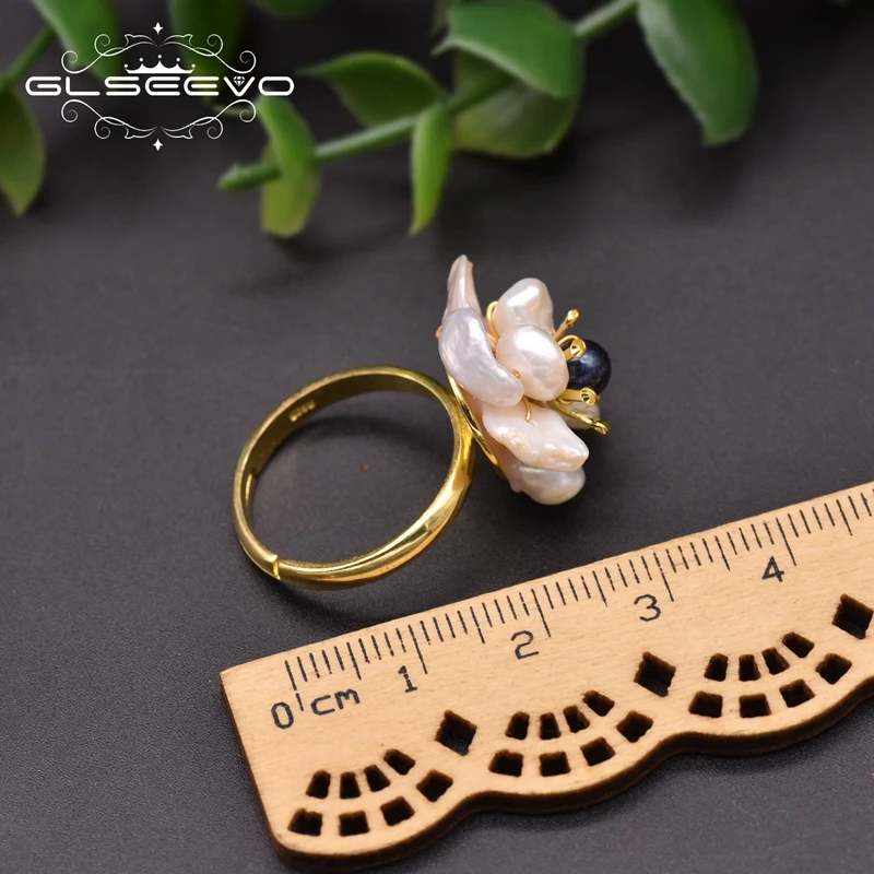 

GLSEEVO 925 Sterling Silver Flower Adjustable Ring Natural Fresh Water Pearl Ring For Women Handmade Luxury Fine Jewelry GR0266C
