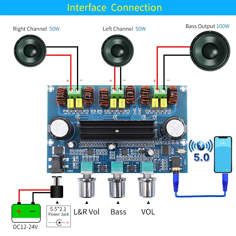 Плата усилителя мощности аудио UNISIAN TPA3116 5 0 Bluetooth 2 1 50 Вт x2 + бас 100 TPA3116D2 Hi Fi цифровой