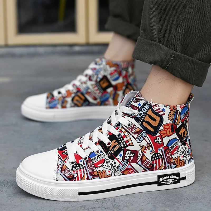 Fashion Sneakers Men Canvas Shoes Breathable Cool Street Graffiti Shoes Lovers Comfortable Shoes Flats Casual Vulcanized Shoes
