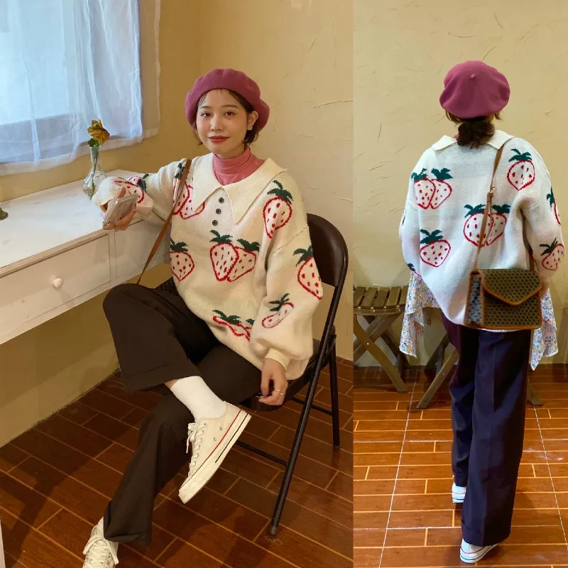 Женский Длинный свитер с принтом клубники теплый вязаный пуловер свободного