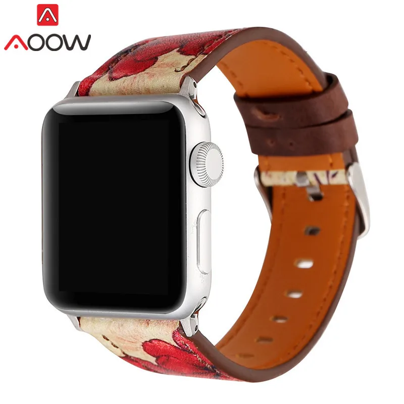 Винтажный кожаный ремешок для часов Apple Watch 38 мм 42 мм красный цветочный принт для женщин и мужчин сменный мужской т-браслет ремешок для iwatch 1 2 3