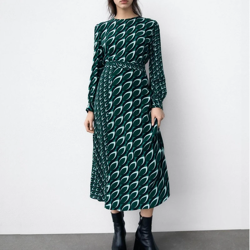 

Printed Long Dress Women Spring 2022 New Fashion Belt O-neck Full Sleeve Mid-Calf Casual Clothes Female Midi Vestidos