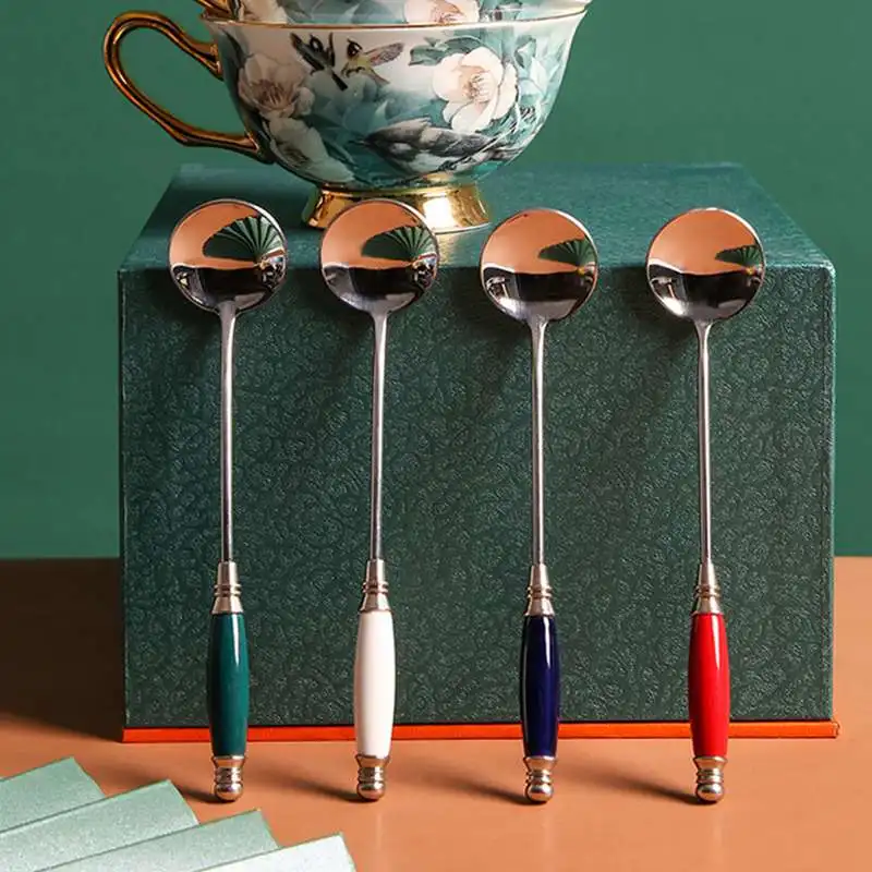 

Vintage Ceramic Stainless Steel Coffee Spoon Gold Afternoon Tea Dessert Latte Spoon Snacks Fruit Fork Kitchen Tool Teaspoon
